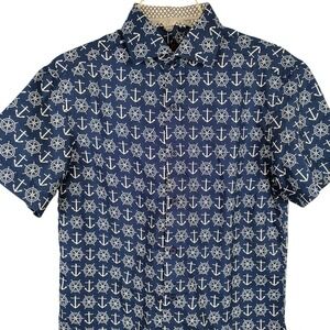 BC Collection Mens XS Anchor Ship Wheel Print Shirt Navy Blue Nautical‎ Coastal